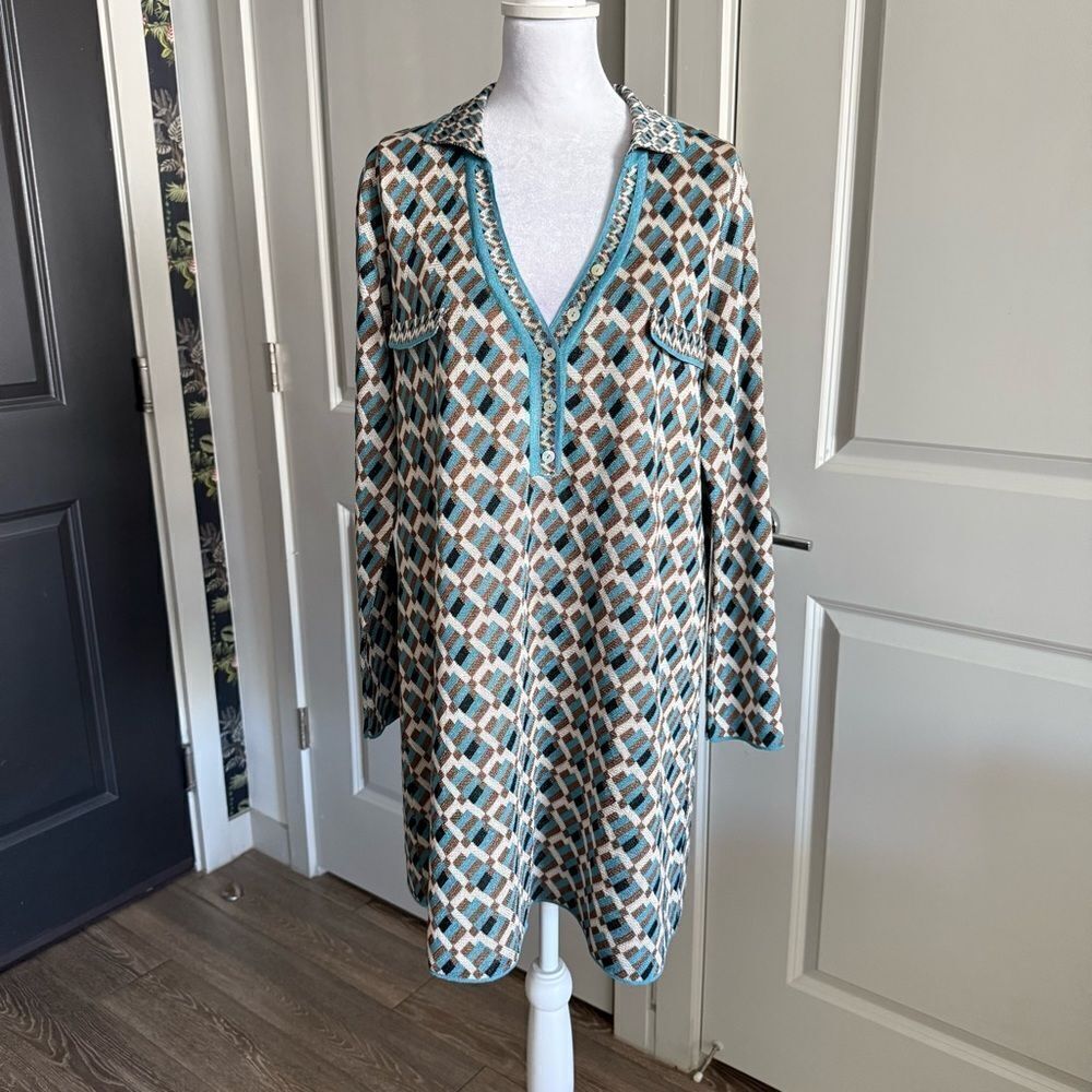 Zara Metallic Retro Geo Print Collared Sweater Dress Size S